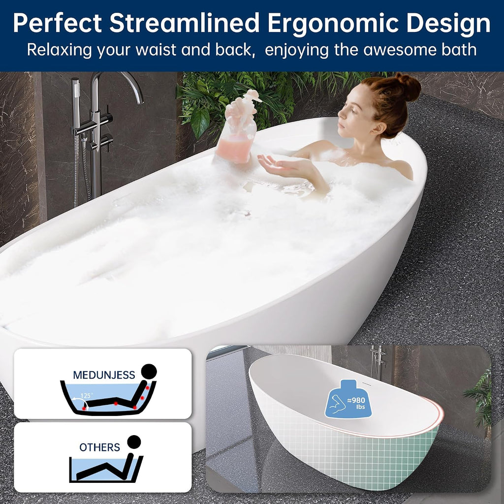 73'' Freestanding Bathtub, Stone Resin Free Standing Tub, High-Back Soaking Tub, Contemporary Design Stand Alone Tub with Pop-up Drain and Overflow, 2 Person Bathtub