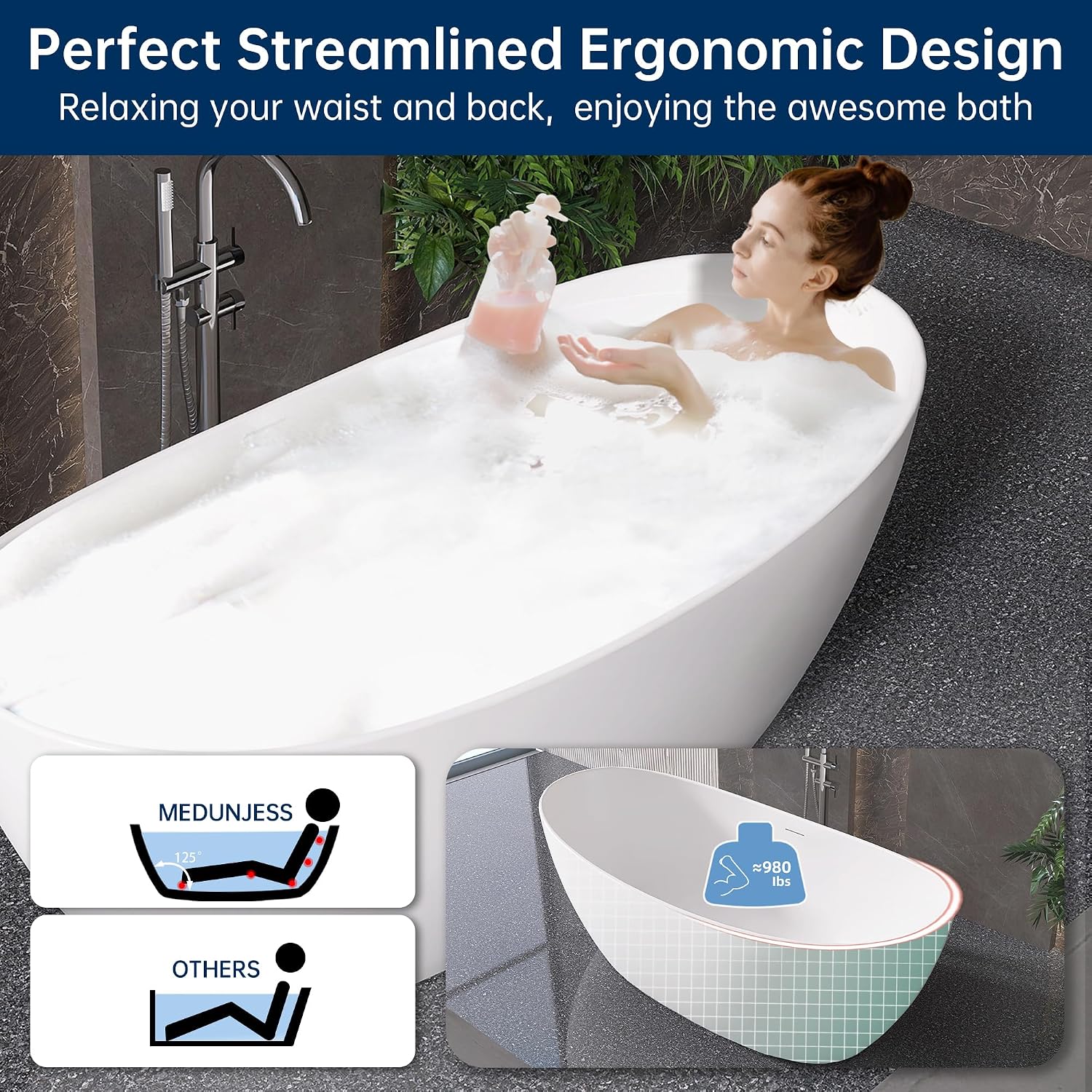 73'' Freestanding Bathtub, Stone Resin Free Standing Tub, High-Back Soaking Tub, Contemporary Design Stand Alone Tub with Pop-up Drain and Overflow, 2 Person Bathtub