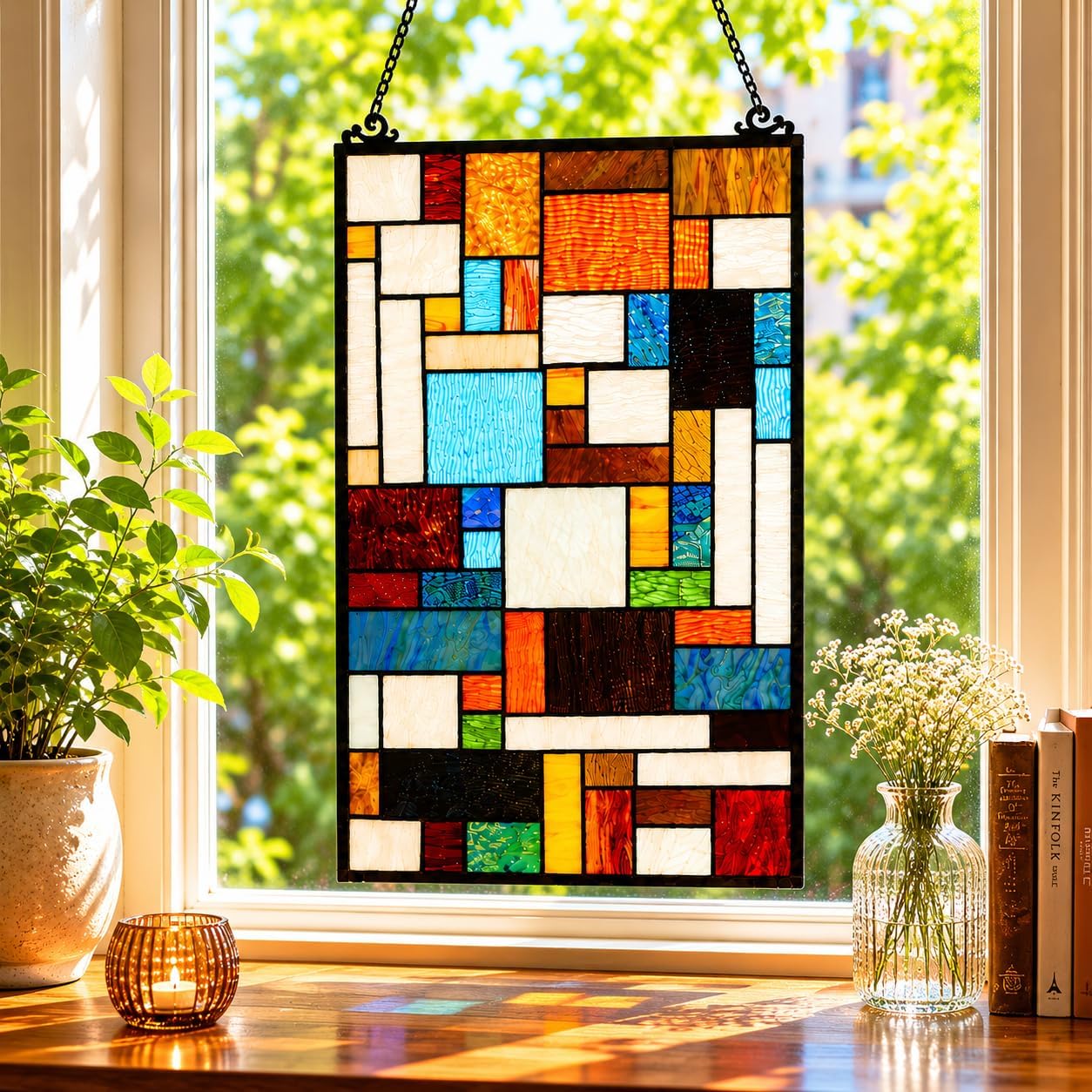 Bieye Geometric Color Block Tiffany Style Stained Glass Window Panel with Hanging Chain (13x24 inches W10024)