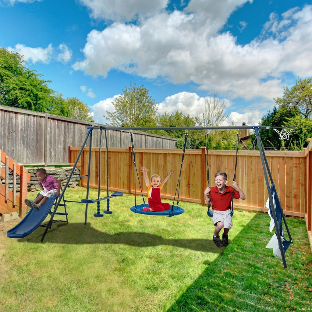 Metal 6 in 1 Swing Set for Kids, Basketball Hoop & Football net, Seesaw & 3.28ft Slide Durable Steel Frame – Outdoor Backyard Playset, Swing Sets for Backyard - Playground (Blue)