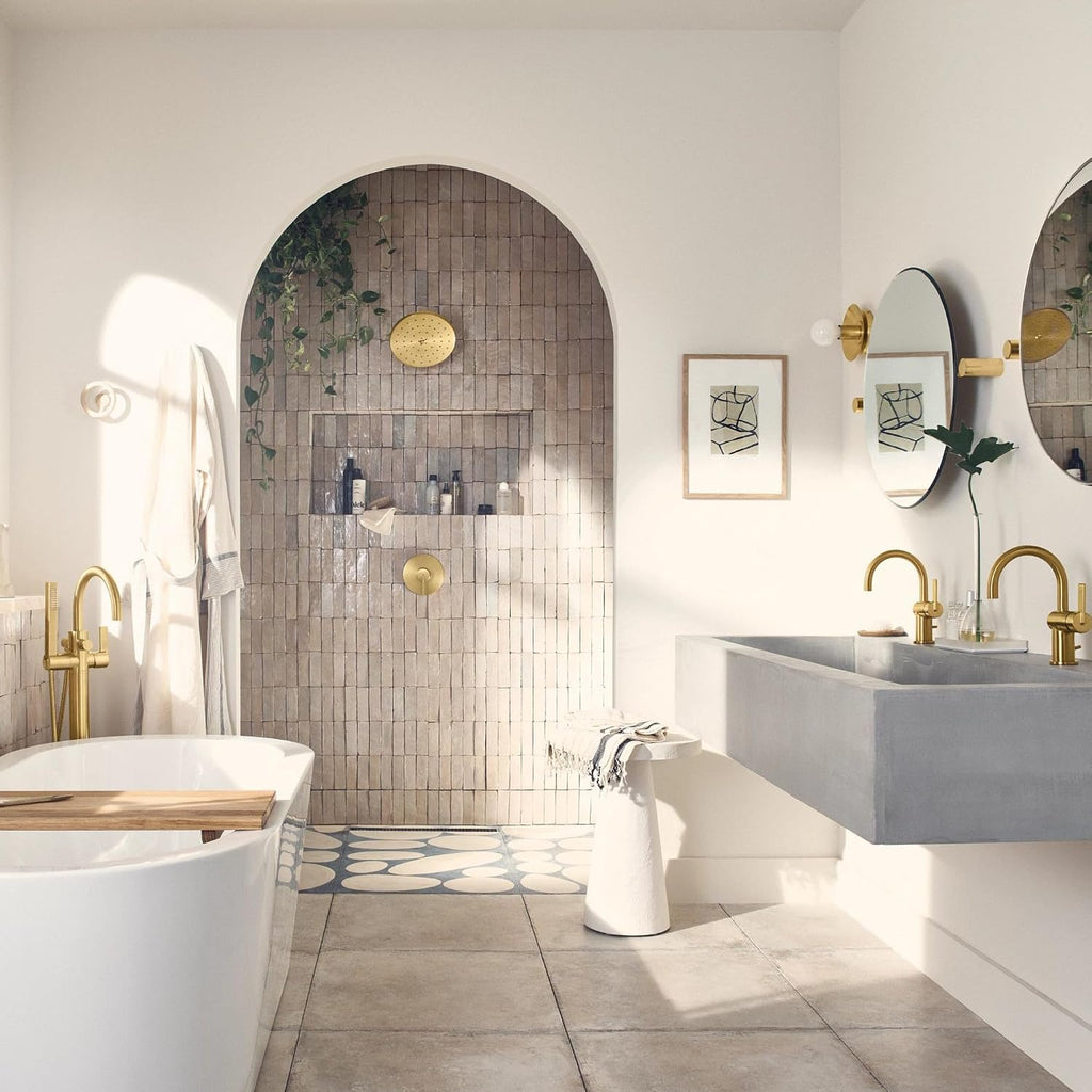 Moen Cia Brushed Gold One Handle Freestanding Floor Mount Tub Filler with Handshower, 615BG