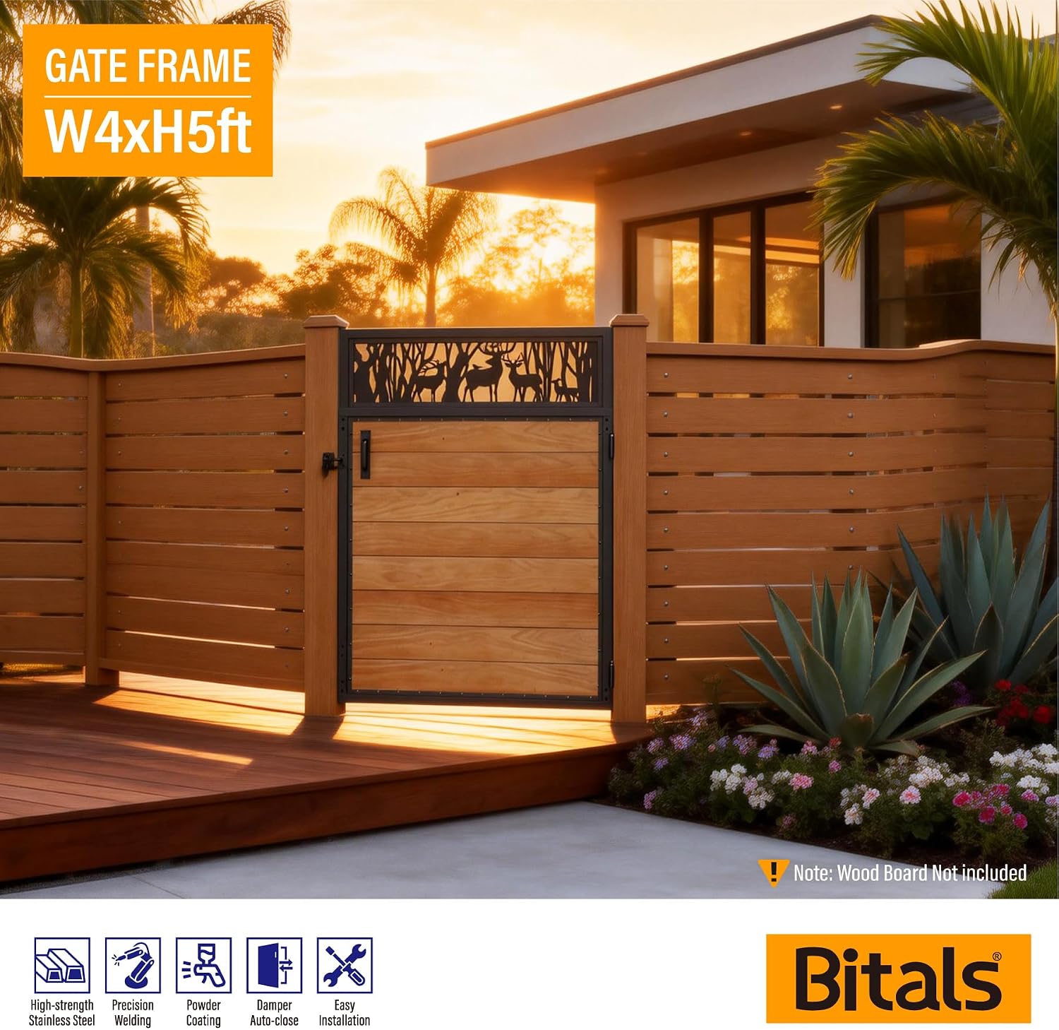 4x5FT Fence Gate Frame Kit 201 Stainless Steel Anti-Sag Heavy Duty Garden Gate Reinforcement Hardware, Left/Right Mount (No Panels Included)(46.78'W x 59.0'H)