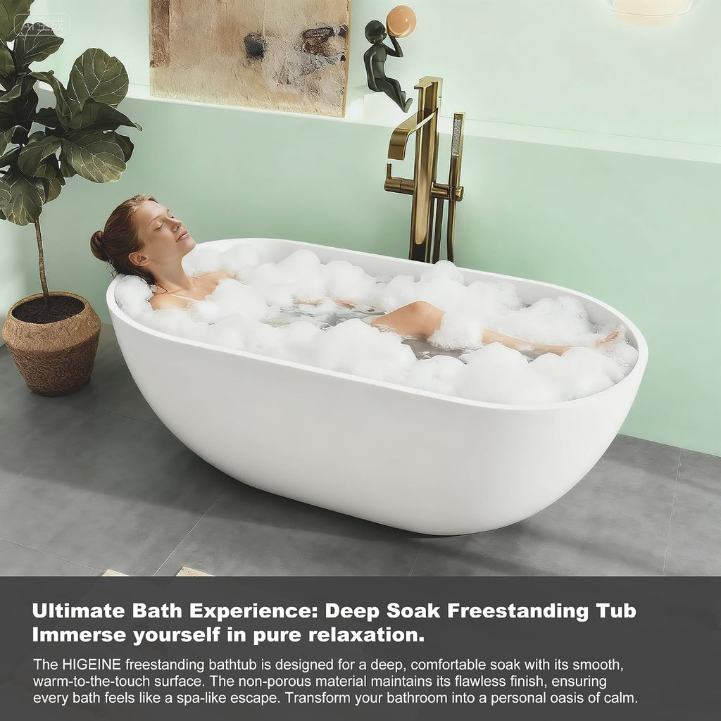 59' Premium Solid Surface Freestanding Bathtubs, Upgraded Matte White Modern Design Stand Alone Stone Resin Tub with Overflow and Pop-up Drain