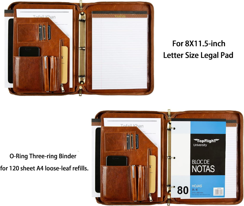 Leather Binder 3-Ring, Oil-Tanned Portfolio with Notepad, Engraved Padfolio Personalized for iPad/Laptop, Business Gift for Men/Women (Brown, Non-Custom)