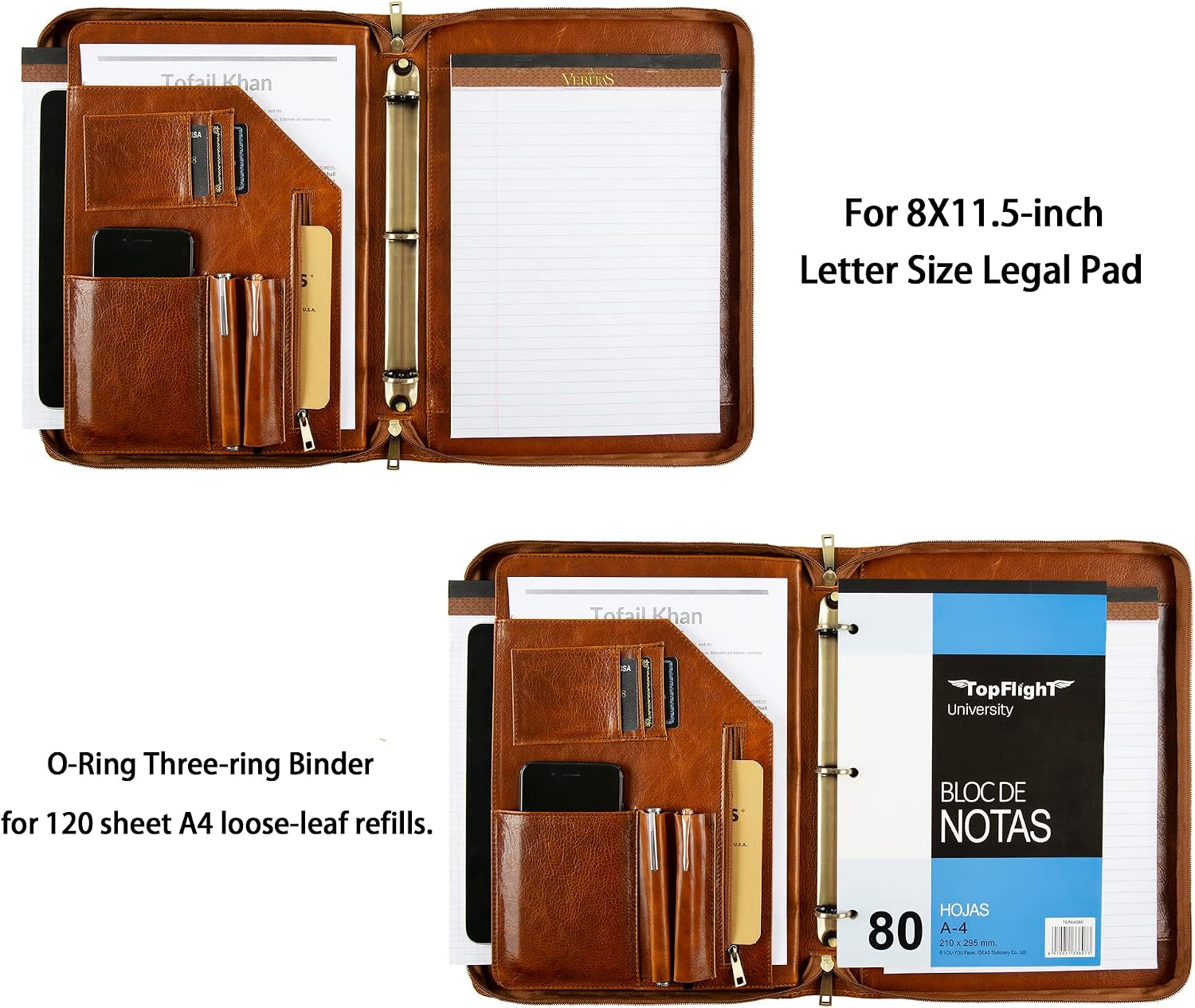 Leather Binder 3-Ring, Oil-Tanned Portfolio with Notepad, Engraved Padfolio Personalized for iPad/Laptop, Business Gift for Men/Women (Brown, Non-Custom)