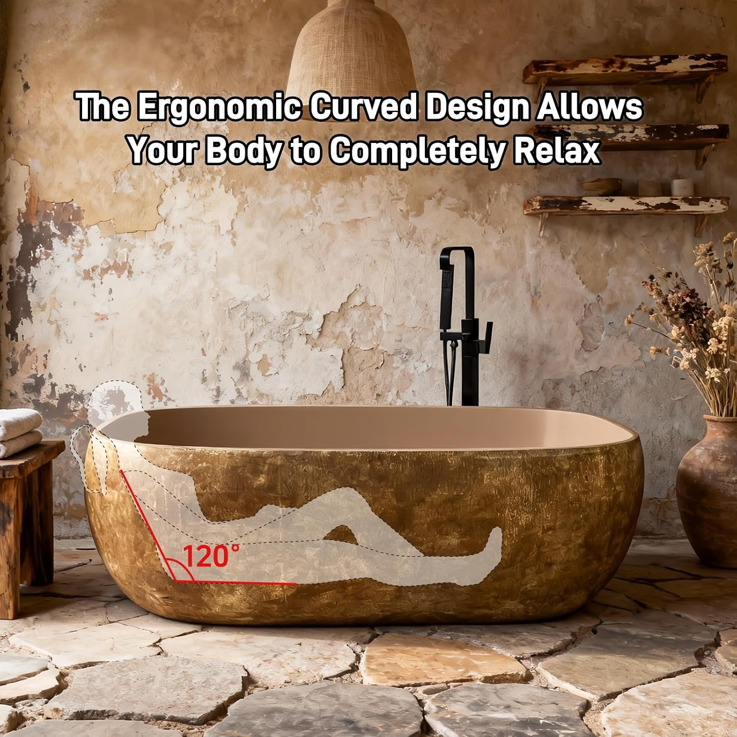 71' Edeyeu Freestanding Bathtub - Modern Designer Solid Surface Bathtub Soaking Tub With Extra Deep Ergonomic High Back, Luxury Stone Texture Free Standing Tub, Artistic Style