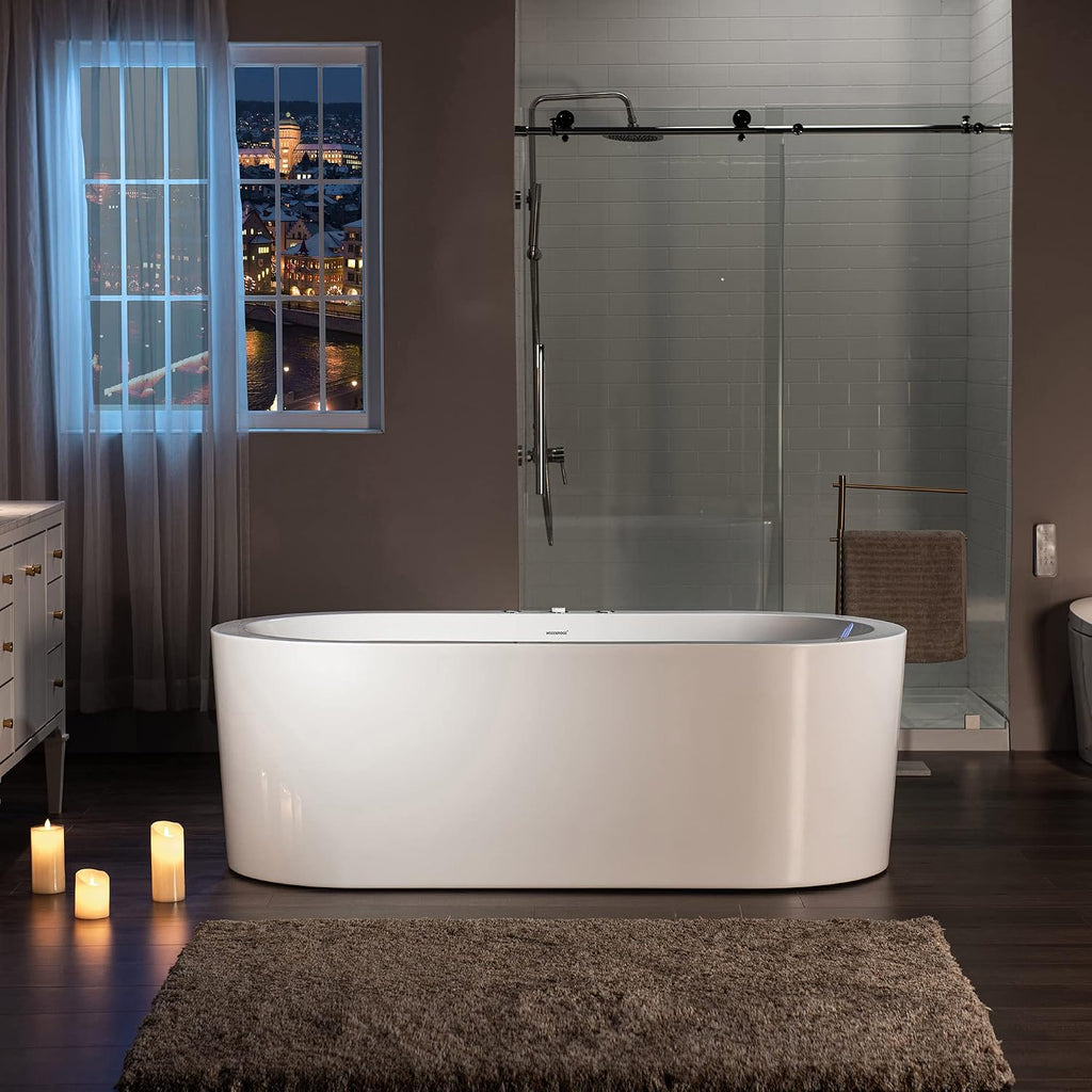 WOODBRIDGE 66-1/2' x 31-7/8' Whirlpool Water Jetted and Air Bubble Freestanding Heated Soaking Combination Bathtub, BJ200