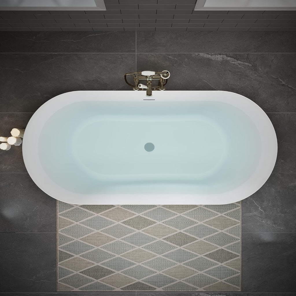 63' Acrylic Freestanding Bathtub, Oval Deep Soaking Bathtub with Center Pop up Drain Integrated Overflow, Stand Alone Bath Tub for Bathroom Spa or Home Upgrade, Glossy White TH 26A09 63