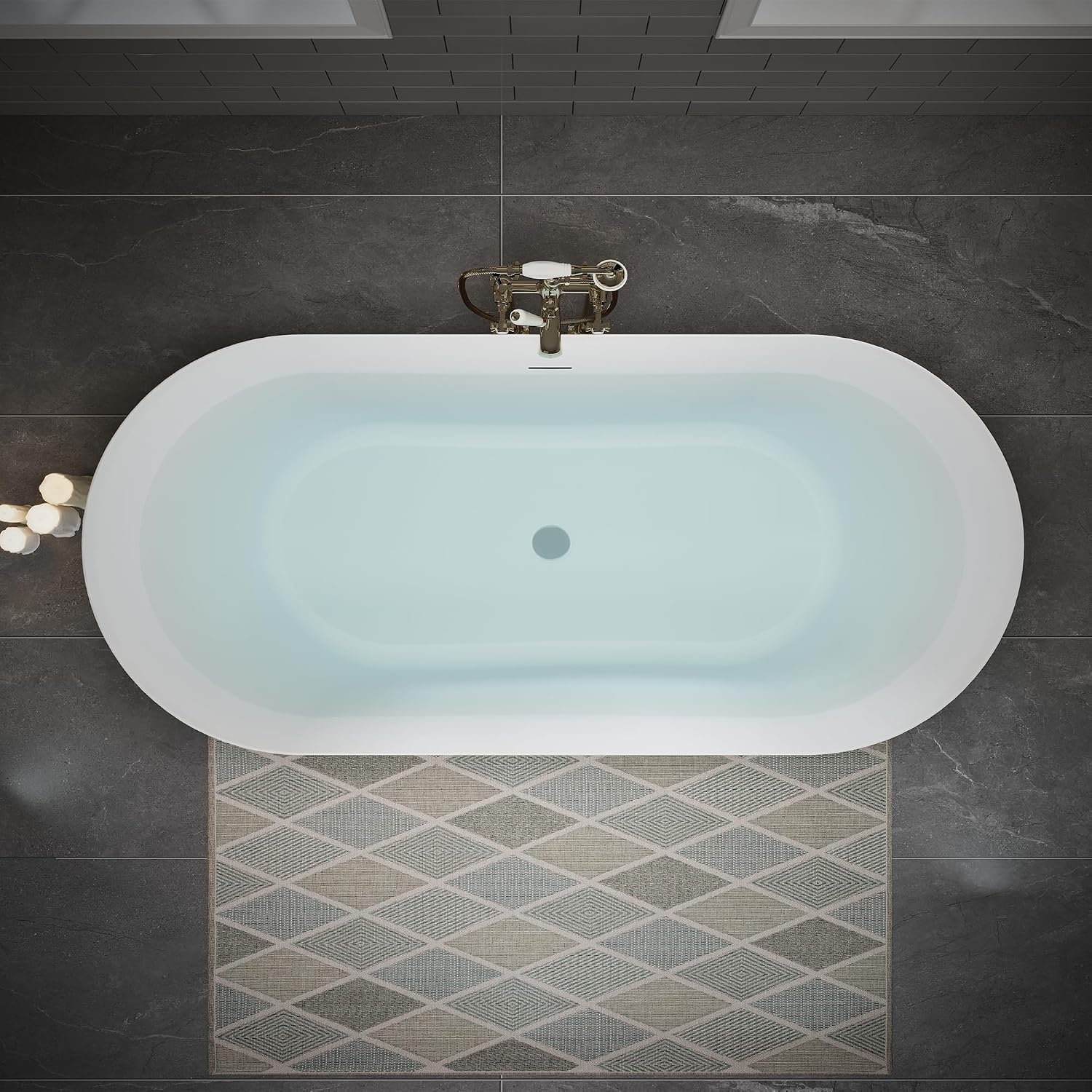 63' Acrylic Freestanding Bathtub, Oval Deep Soaking Bathtub with Center Pop up Drain Integrated Overflow, Stand Alone Bath Tub for Bathroom Spa or Home Upgrade, Glossy White TH 26A09 63