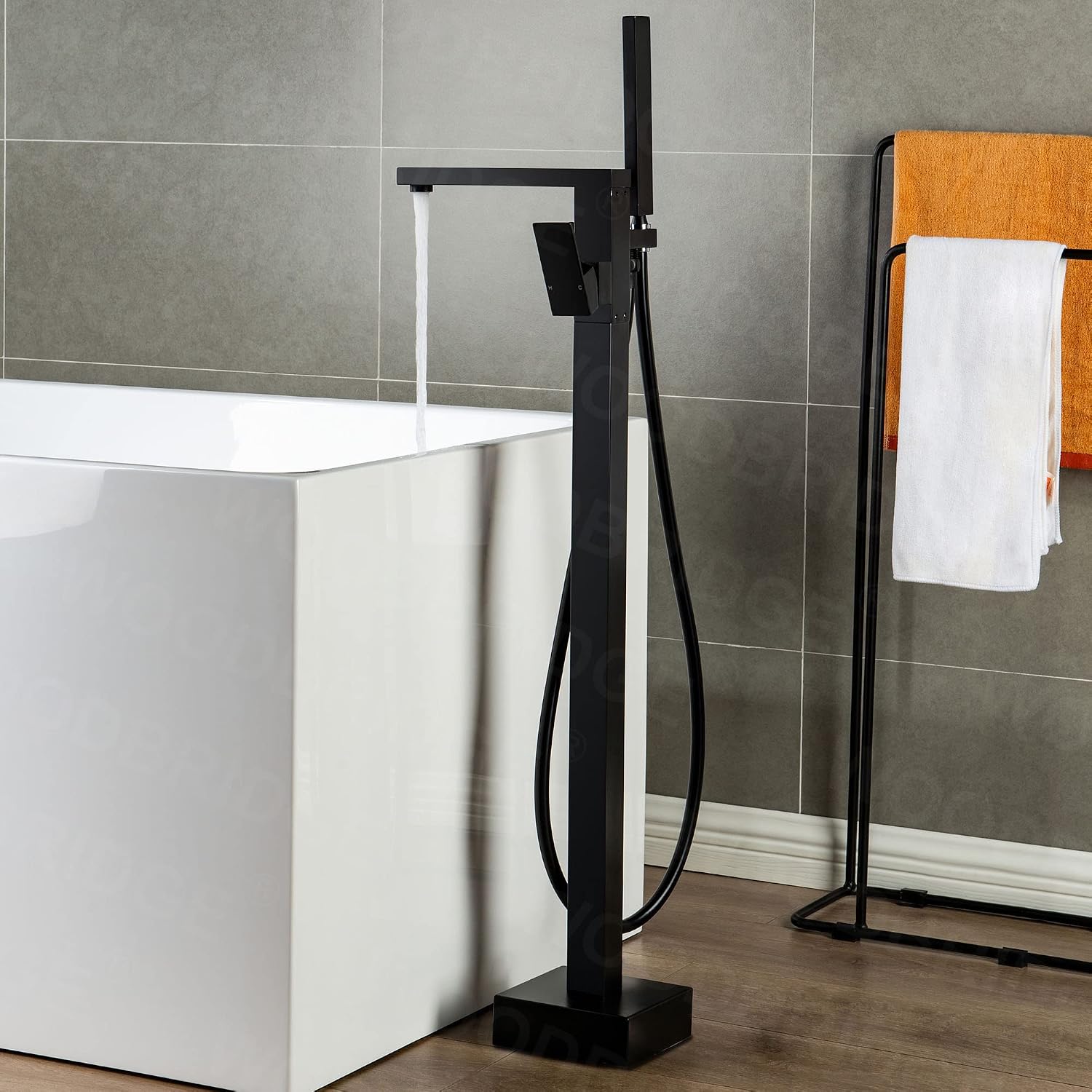 WOODBRIDGE F0009BL Contemporary Single Handle Floor Mount Freestanding Tub Filler Faucet with Hand shower in Matte Black Finish
