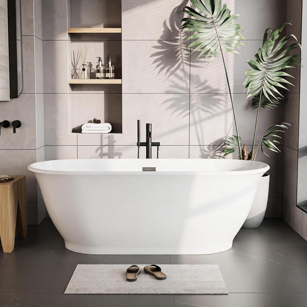 67' Oval Freestanding Bathtub, Acrylic Soaking Tub with Overflow, Matte Silver Drain, Modern Stand Alone Tub, Deep Free Standing Bath Tub for Bathroom, Hotel, Easy Install, CUPC Certified, White