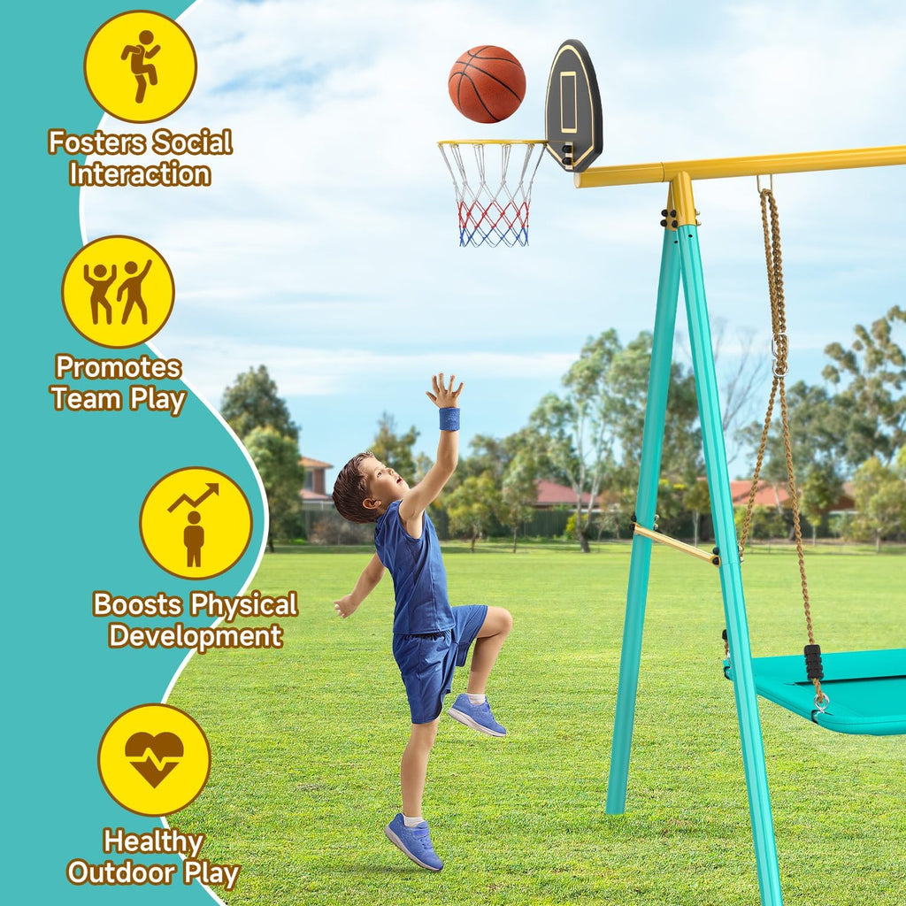 Jocoevol Swing Set for Backyard, Heavy-Duty Metal Swing Sets for Kids with 2 Swings, Climbing Ladder and Nets,Trapeze Bar, Soccer Goals and Basketball Hoop Up to 660lbs