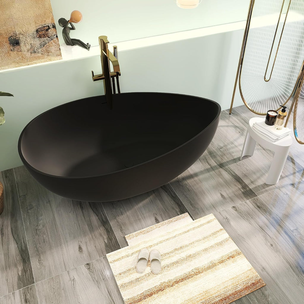63' Premium Solid Surface Freestanding Bathtub, Contemporary Design Stand Alone Stone Resin Tub with Overflow and Pop-up Drain, Matte Black