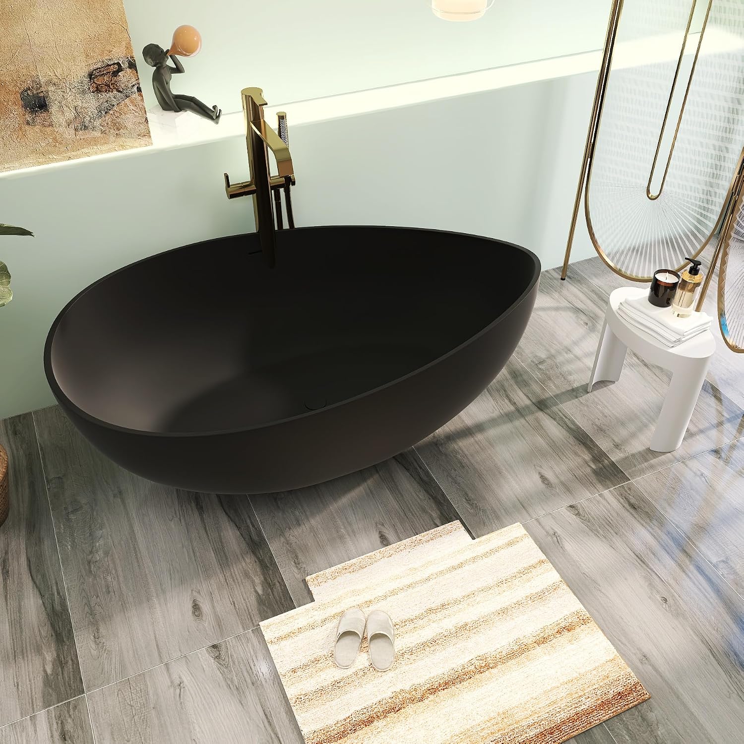 63' Premium Solid Surface Freestanding Bathtub, Contemporary Design Stand Alone Stone Resin Tub with Overflow and Pop-up Drain, Matte Black