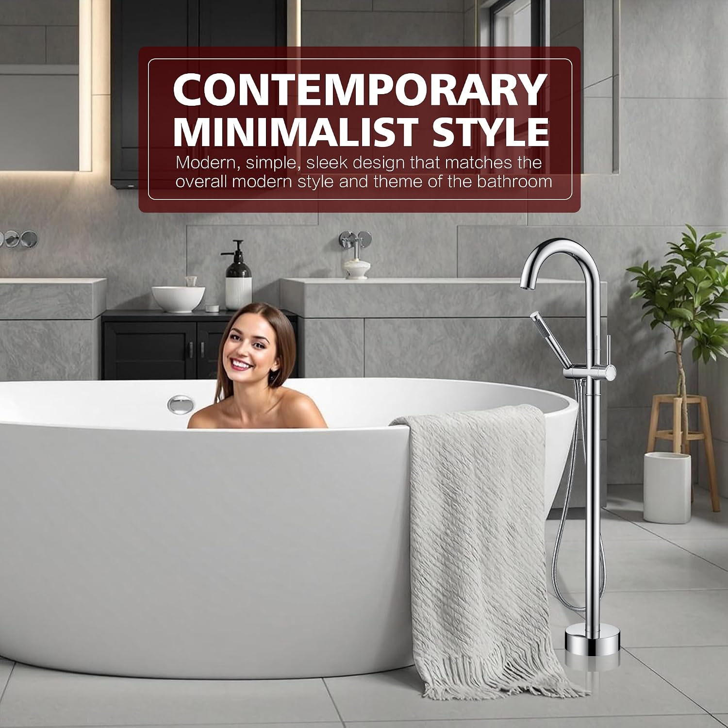 sumerain Freestanding Tub Filler Faucet, Modern Bathroom Floor Mounted Bathtub Faucet with Handheld Shower High Flow, Chrome