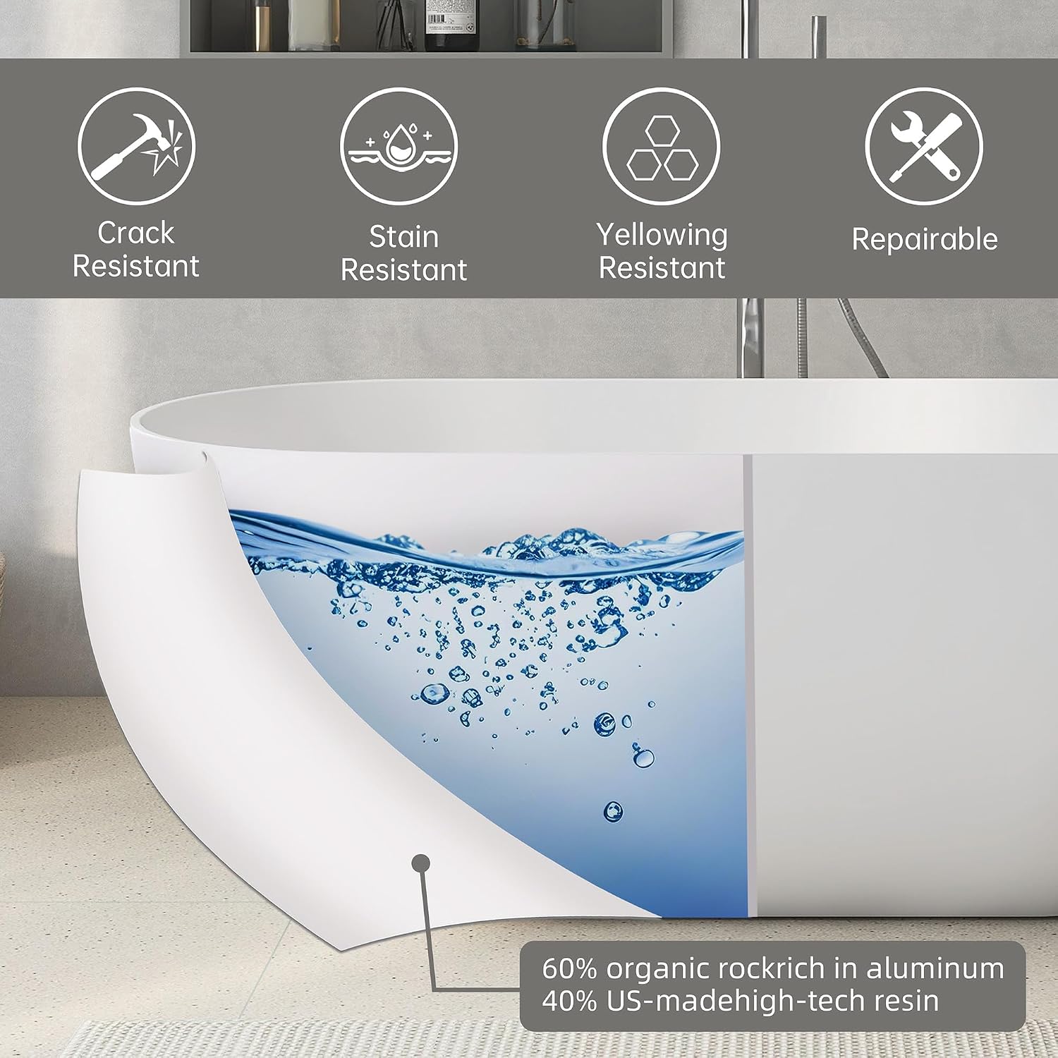 51' Stone Resin Freestanding Bathtub, Small Free Standing Tub, Solid Surface Bathroom Soaking Tub, Stand Alone Tubs with Integrated Slotted Overflow and Pop-up Drain, White 307-130