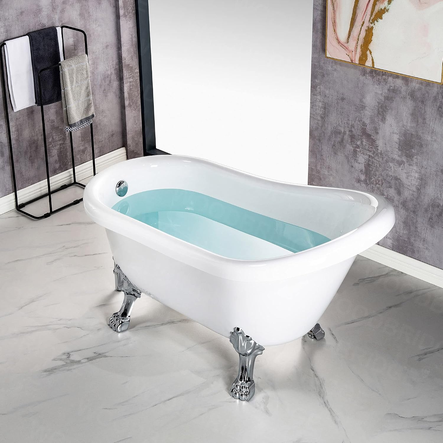 WOODBRIDGE 54' Heavy Duty Acrylic Slipper Clawfoot Bath Tub with Chrome Feet + Chrome Drain &Overflow