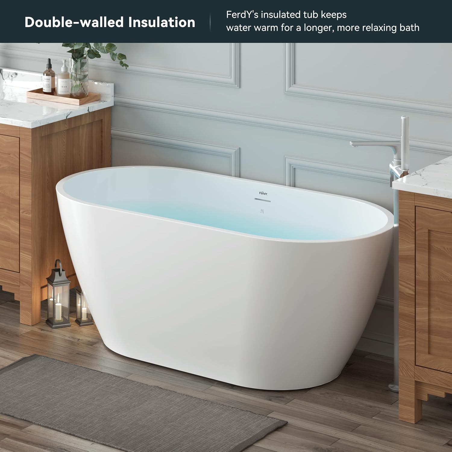 FerdY Bali 55' Freestanding Bathtub, Glossy White Freestanding soaking tub with Polished Gold Drain& Bath Pillow for Bathtub,Thick Tub Pillows, Ergonomic Head Neck and Back Support
