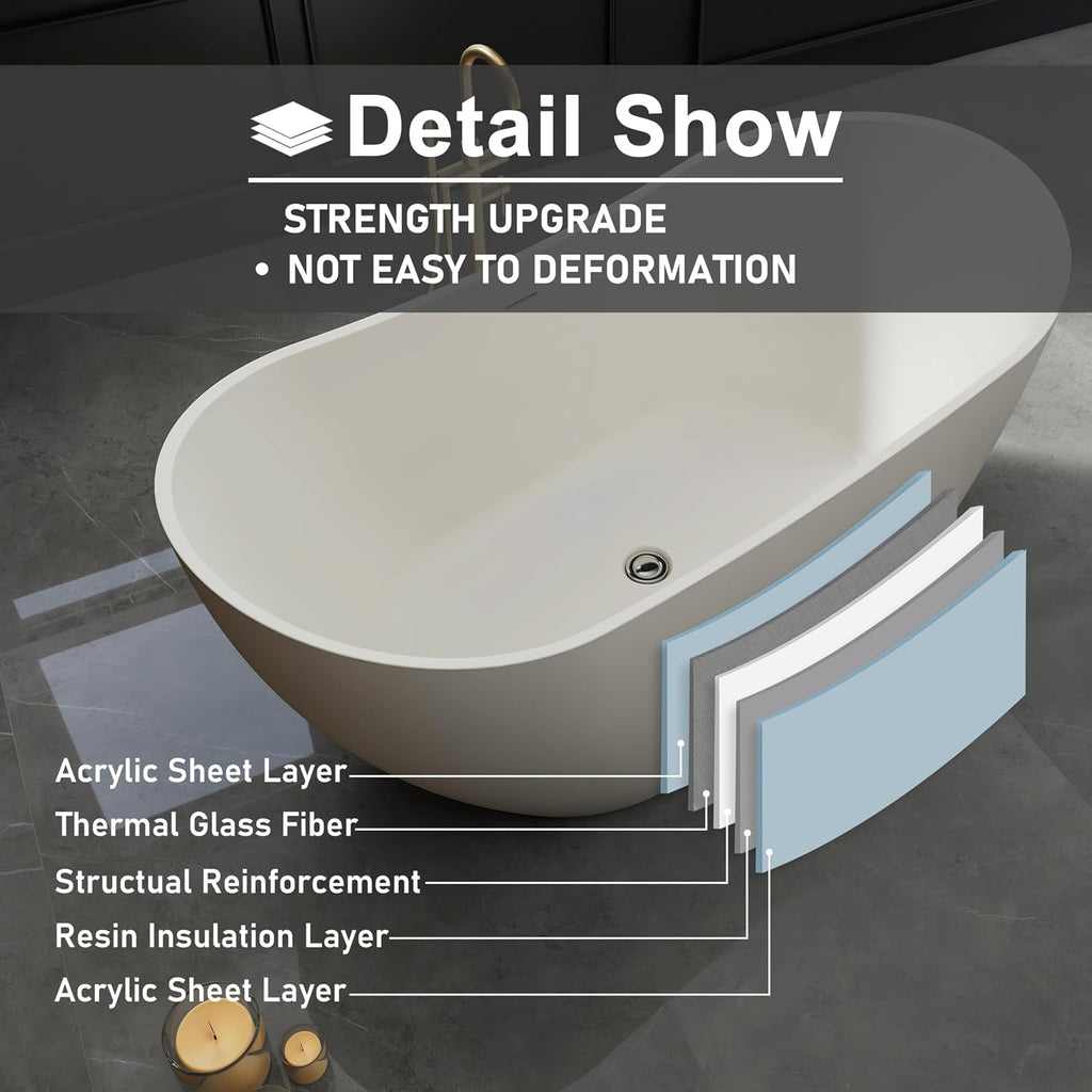 60' Acrylic Freestanding Bathtub, cUPC Certified Free Standing Tub, Soaking Tubs for Bathroom, Stand Alone Tub with Integrated Overflow and Drain