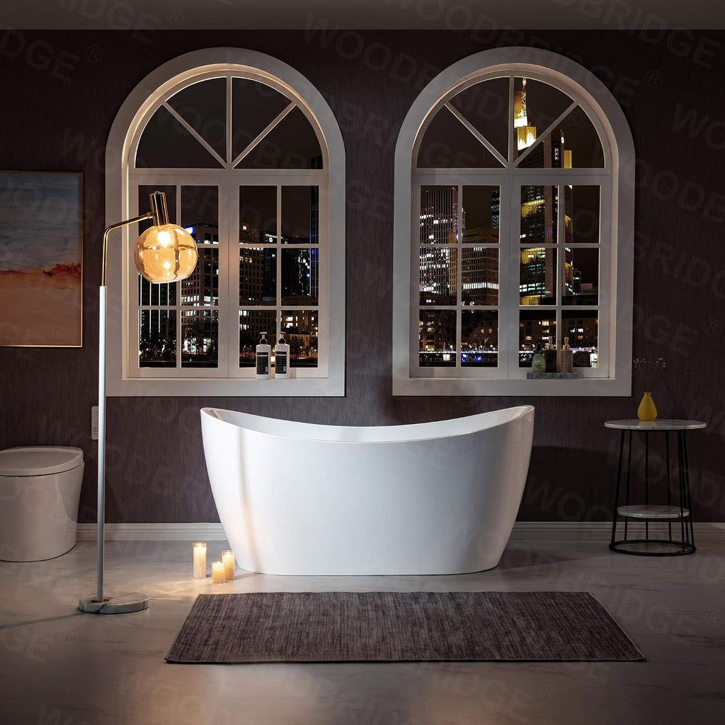 WOODBRIDGE 59'Freestanding White Acylic Soaking Bathtub with Brushed Gold Drain and Overflow,BTA1516 -BG-Drain &O