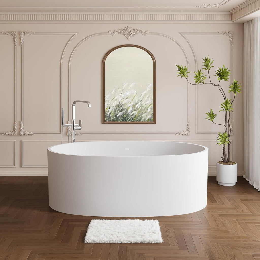 55' Glossy White Acrylic Freestanding Bathtub, Small Free Standing Soaking Tub with Chrome Toe-Tap Drain, cUPC Certified Soaker Tub