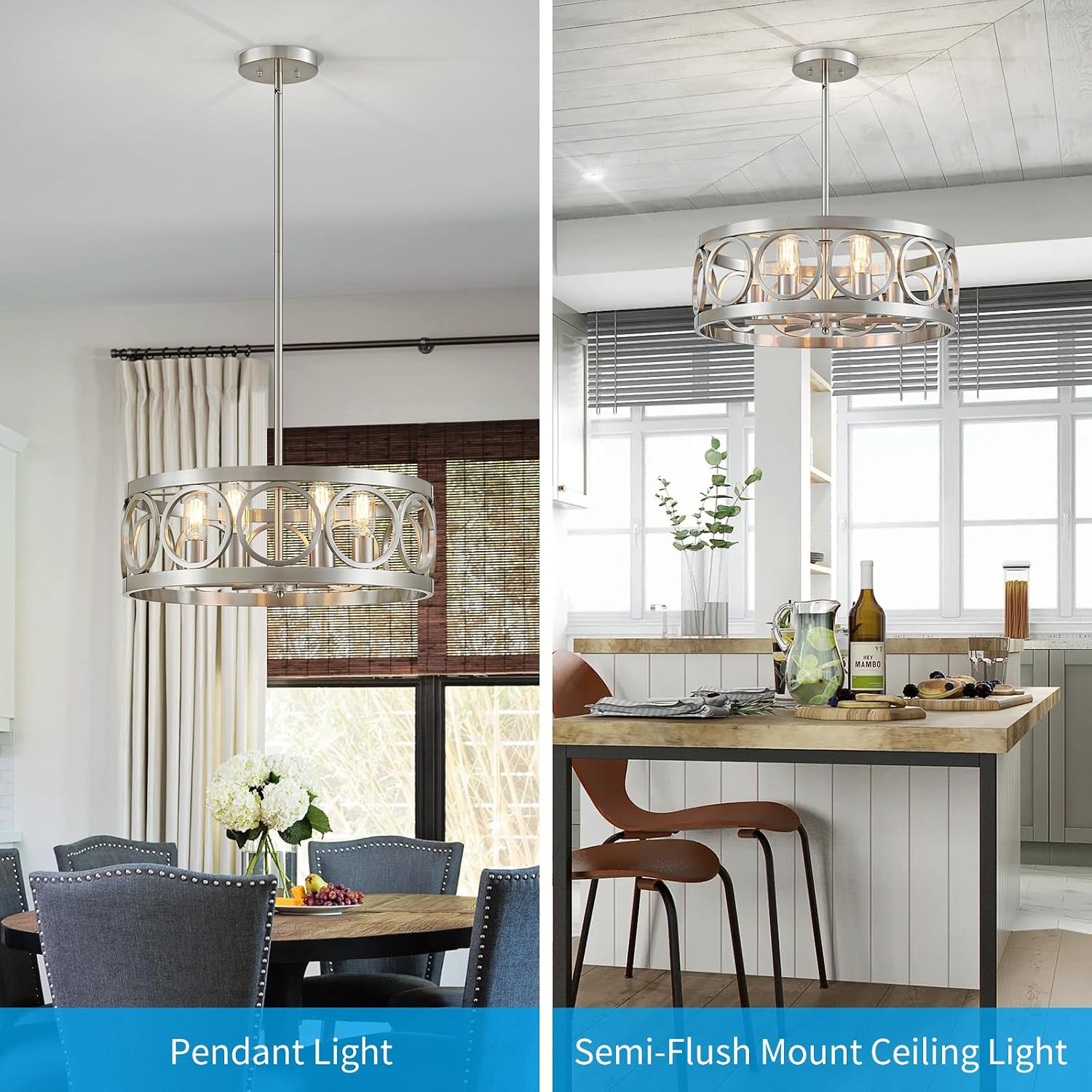 XINGQI 6-Light Modern Chandelier Brushed Nickel Farmhouse Dining Room Chandeliers, 21.7'' Drum Pendant Light Fixture Height Adjustable for Living Room Home Office