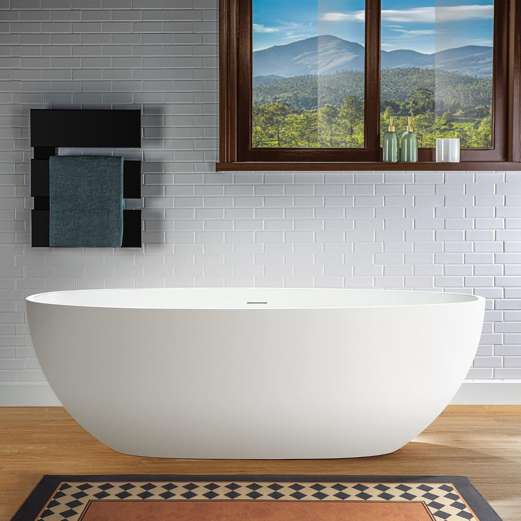 WOODBRIDGE 67' Stone Resin Freestanding Soaking Tub, Modern Oval Solid Surface Bathtub with Integrated Slotted Overflow & Drain, Matte White