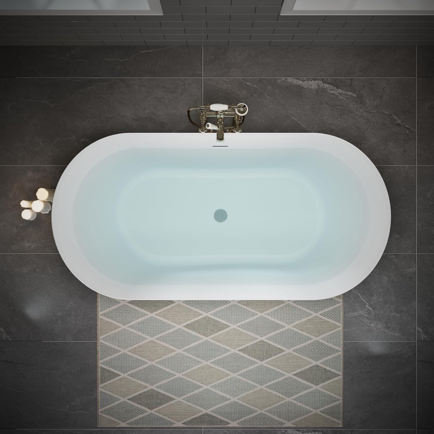 55' Acrylic Freestanding Bathtub, Oval Deep Soaking Bathtub with Center Pop up Drain Integrated Overflow, Stand Alone Bath Tub for Bathroom Spa or Home Upgrade, Glossy White GF 26A09 55