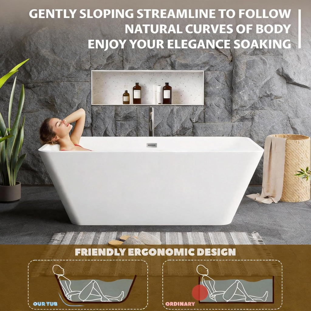59' Acrylic Freestanding Bathtub with Chrome Drain Kit, Contemporary Square Soaking Tub with Overflow and Flexible PVC Drain Pipe, Double-Walled Insulation, cUPC Certified, Glossy White Finish