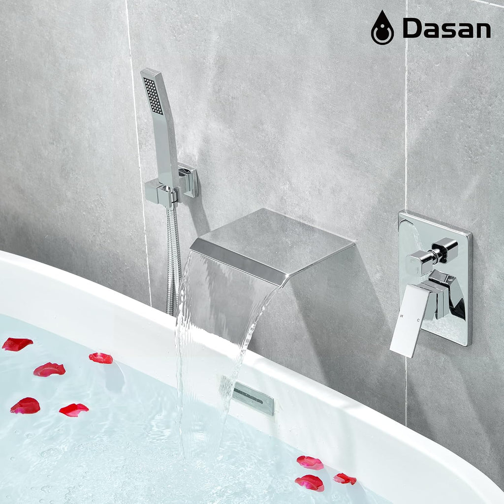 Upgraded Wall Mount Tub Filler Faucet with Handheld Shower, DASAN Modern Wall Mounted Bathtub Faucet Chrome High Flow Waterfall Tub Faucet with Rough in Valve, SA-TF04WH-PC