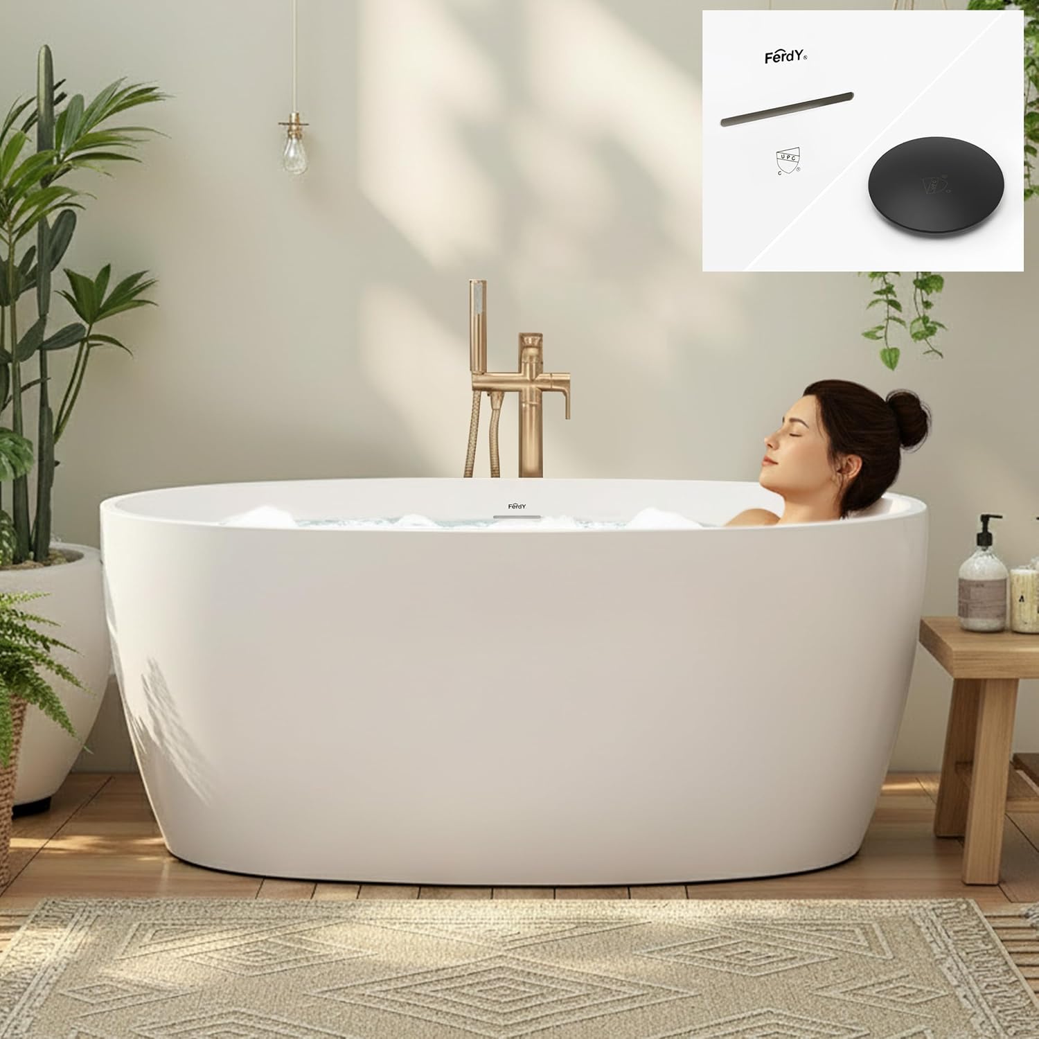 FerdY 55' Acrylic Freestanding Bathtub, Contemporary Soaking tub with Matte Black Drain & Overflow, cUPC Certified, Elegant Oval Shape, Tahiti