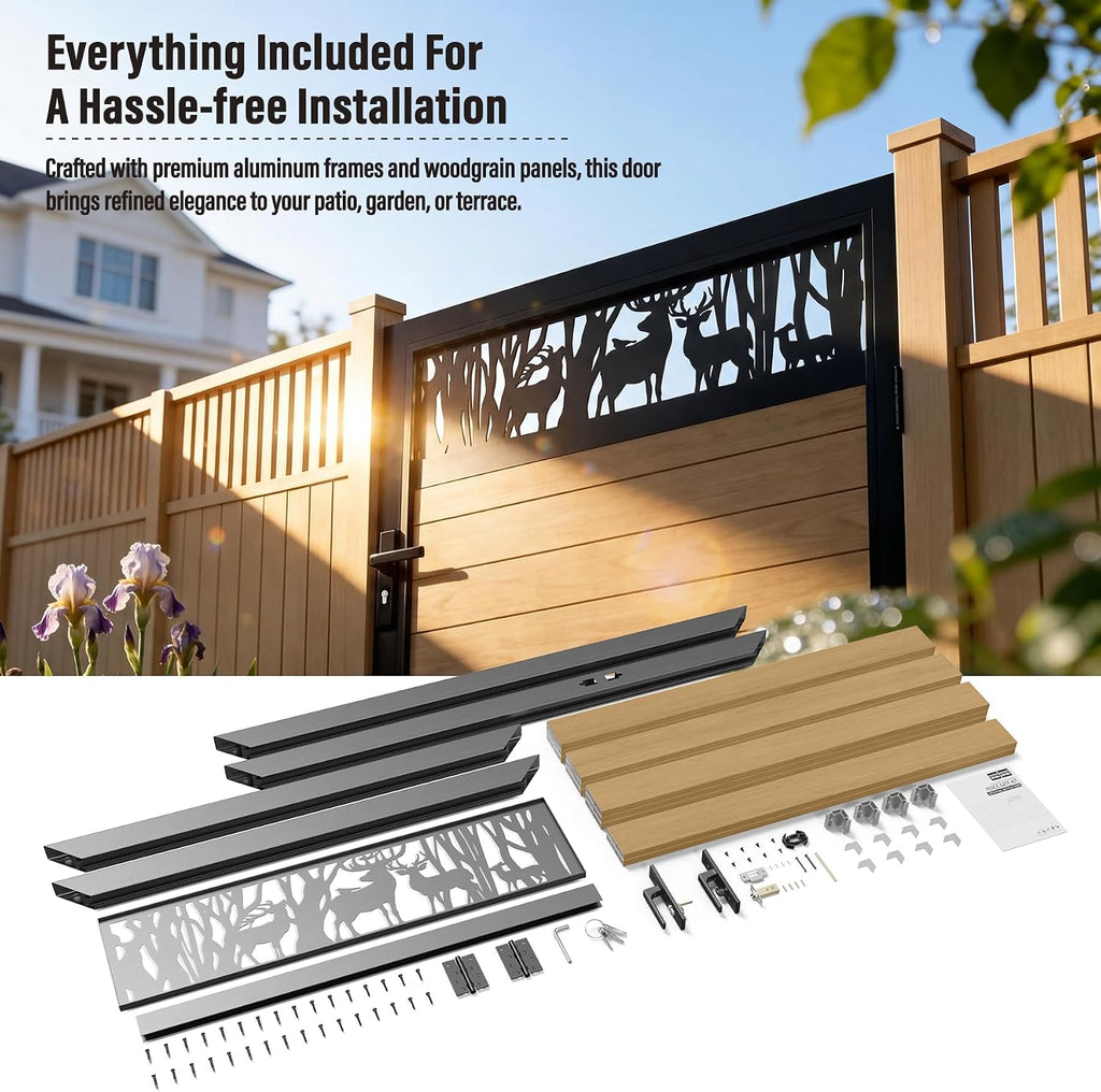 4x5 FT Aluminum Fence Gate Kit Wood Grain Aluminum Gate with Decorative Cutout, Lock & Hinges, Left/Right Opening, Weather Resistant for Yard Garden Patio