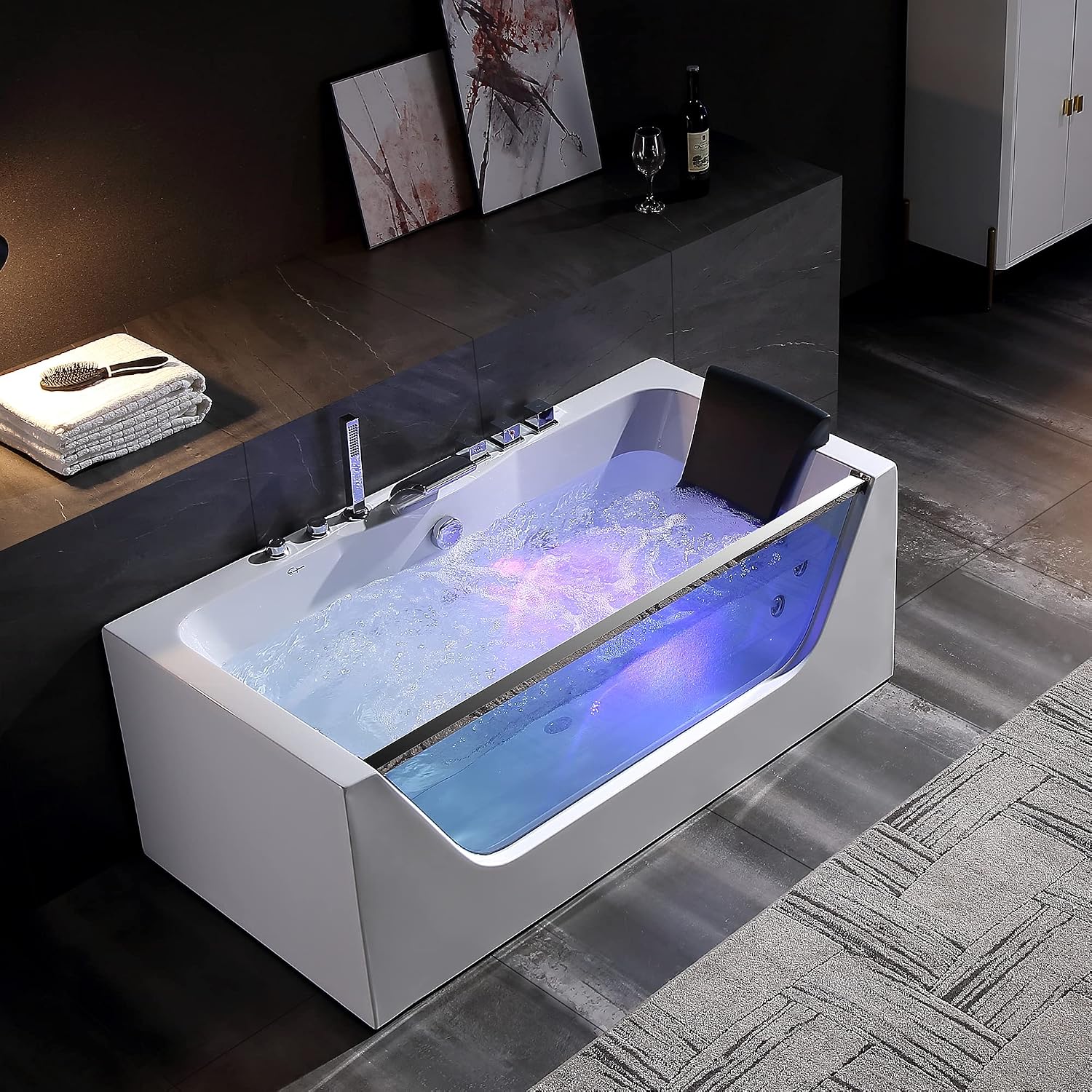 Empava 59' Acrylic Alcove Whirlpool Bathtub - 11 Jets Hydromassage with Chromatherapy, 750W, 58 Gallons, 3-Side Apron, Waterfall Faucet & ETL Certified