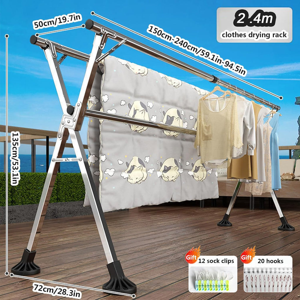 Upgraded Free Standing Clothes Rack Retractable, Foldable Drying Clothes Rack Heavy Duty Collapsible Garment Rack, 3 Poles Cloth Drying Rack with 20 Hooks and 12 Clips,1.5~2.4m (4.9~7.8ft)