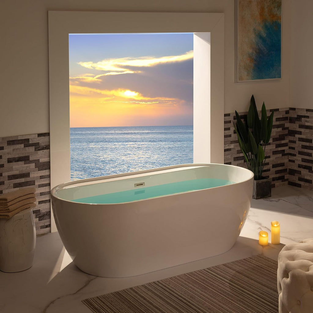 WOODBRIDGE 72' Acrylic Freestanding Bathtub Contemporary Soaking White Tub with Brushed Nickel Overflow and Drain,B0059-BN