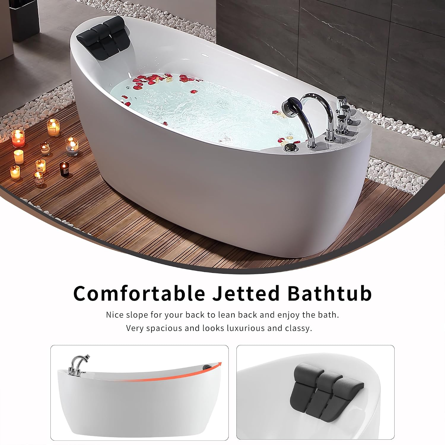 Empava 67' x 31' Freestanding Whirlpool Tub with Left/Right Drain,560W Stand Alone Bathtub with 7 Hydromassage Jets, Elegant Boat-Shaped,Acrylic,ETL Certified