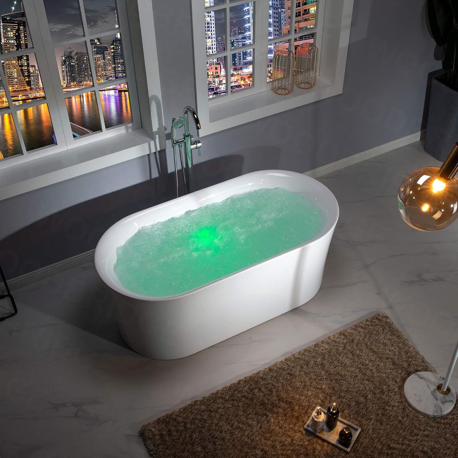 WOODBRIDGE 59' Air Bubble Acrylic Freestanding Bathtub Contemporary Soaking Tub, White Acrylic wirh Oil Rubbed Bronze Drain and Overflow,B0102-ORB