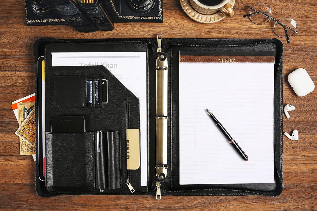 Leather Binder 3 Ring, Oil Tanned Portfolio with Notepad, Zippered Padfolio for Lawyer, Business Gift for Men/Women (Black, Non-Custom)