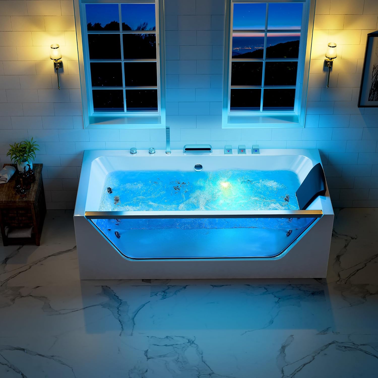 Empava 67' Whirlpool Bathtub with Chromatherapy, Hydrotherapy Jetted Bathtub with Glass Panel, 11 Jets,3-Side Apron,67 Gallons,ETL Certified, White