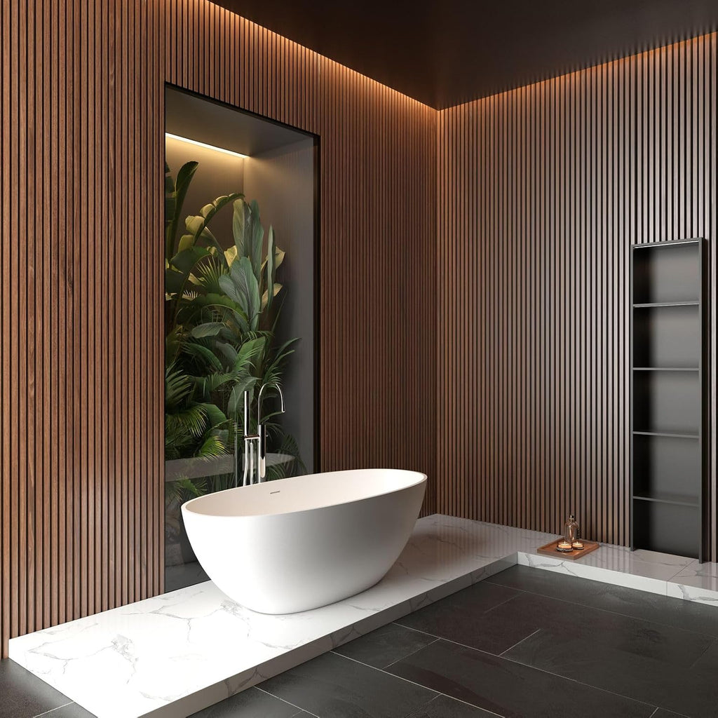 65' Freestanding Bathtub, Luxury Handcrafted Solid Surface Stone Resin Soaking Tub with Overflow and Pop-Up Drain, Matte White Stand Alone Tub for Modern Bathroom Spa Experience
