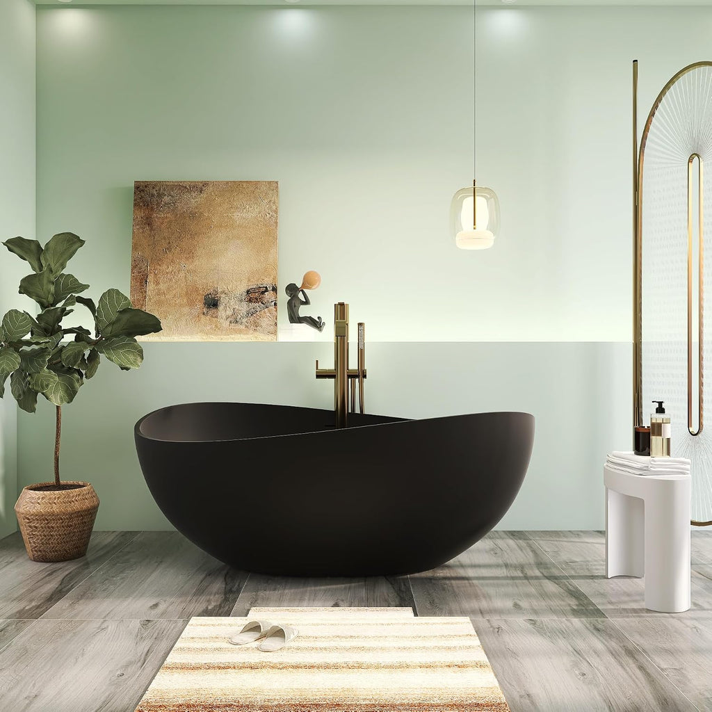 63' Premium Solid Surface Freestanding Bathtub, Contemporary Design Stand Alone Stone Resin Tub with Overflow and Pop-up Drain, Matte Black