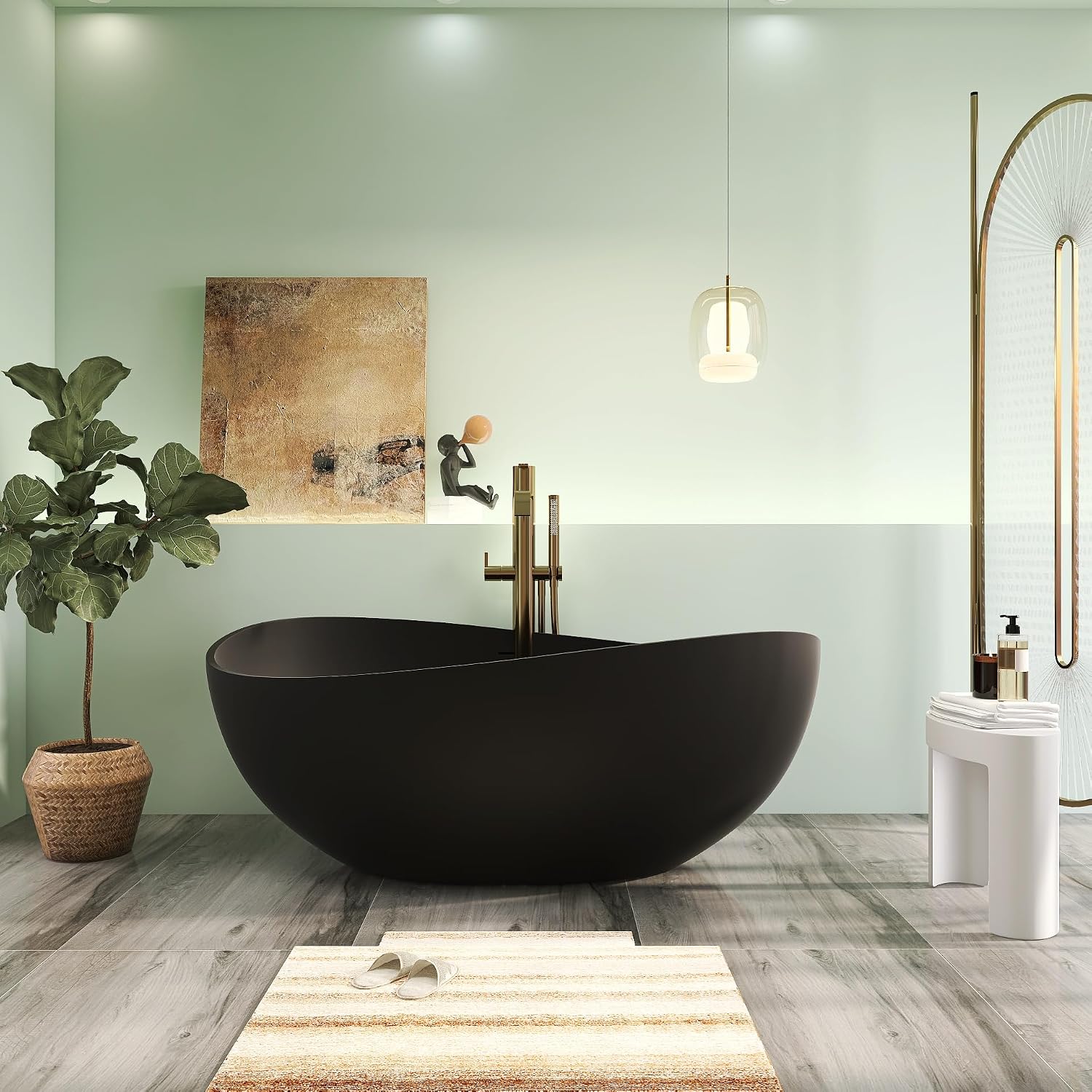 63' Premium Solid Surface Freestanding Bathtub, Contemporary Design Stand Alone Stone Resin Tub with Overflow and Pop-up Drain, Matte Black