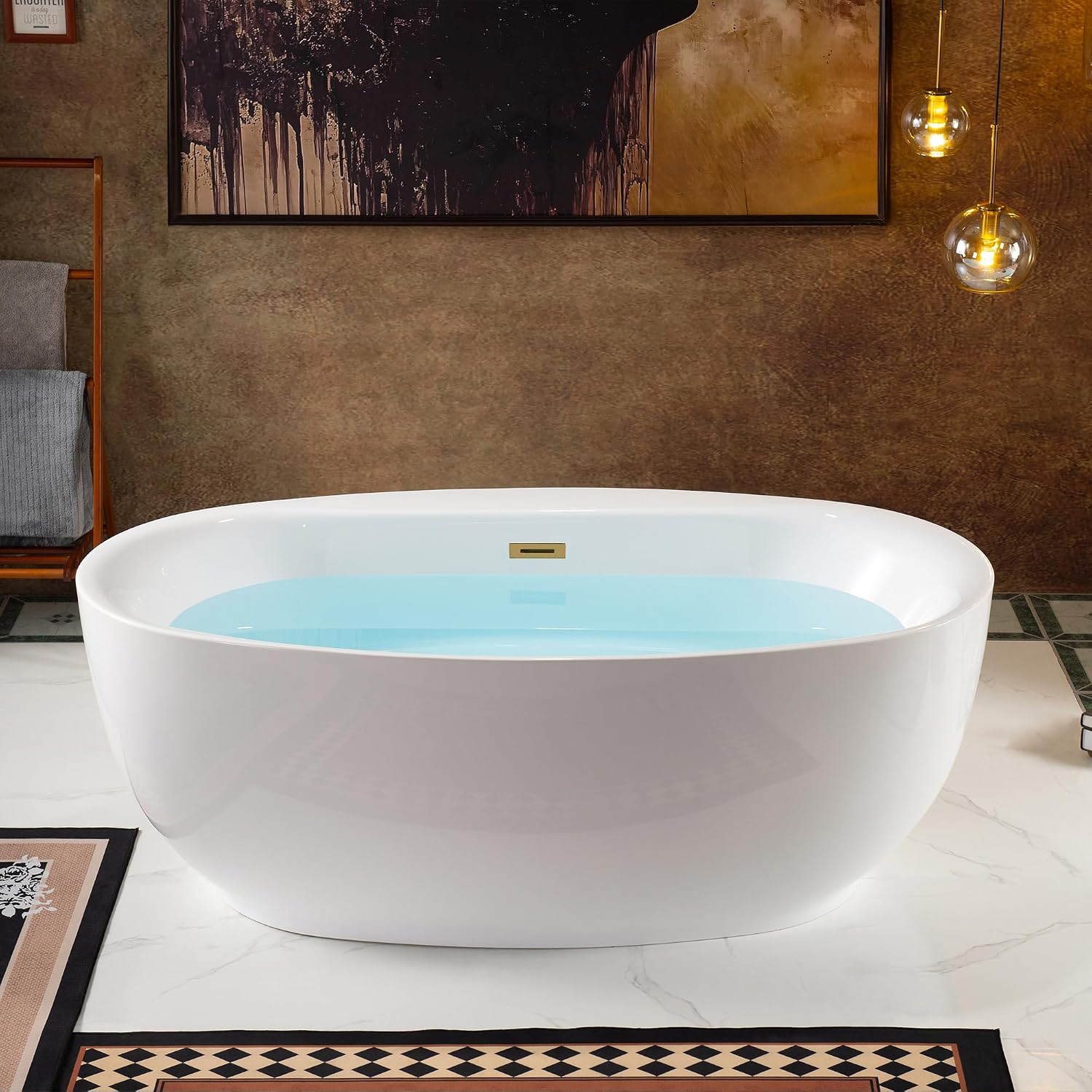WOODBRIDGE 66' Acrylic Freestanding Bathtub Contemporary Soaking White Tub with Brushed Gold Overflow and Drain，B0027-BG