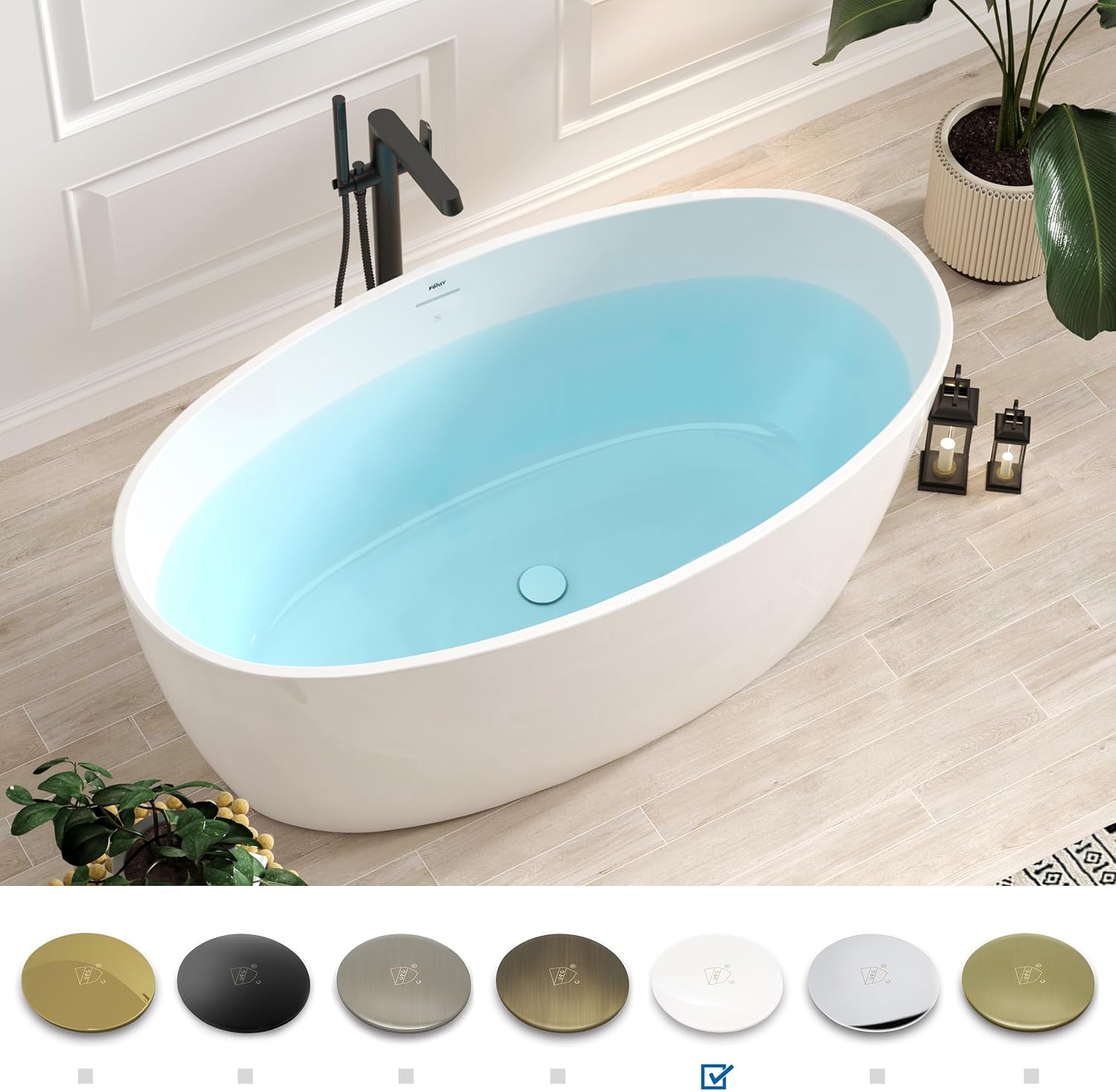 FerdY 59' Acrylic Freestanding Bathtub, Contemporary Soaking tub with Polished White Drain & Overflow, cUPC Certified, Elegant Oval Shape, Tahiti