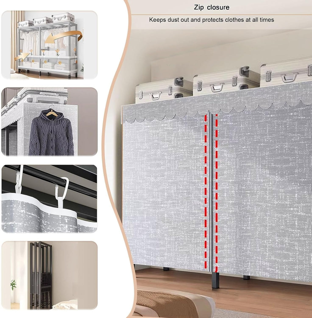 20.5in Width Foldable Heavy Duty Clothes Rack With Cover 2000LBS Rolling Garment Rack On Lockable Wheels Portable Wardrobe Closet For Bedroom For Hanging Clothing Coat Storage Rack(125cm/49.2in)