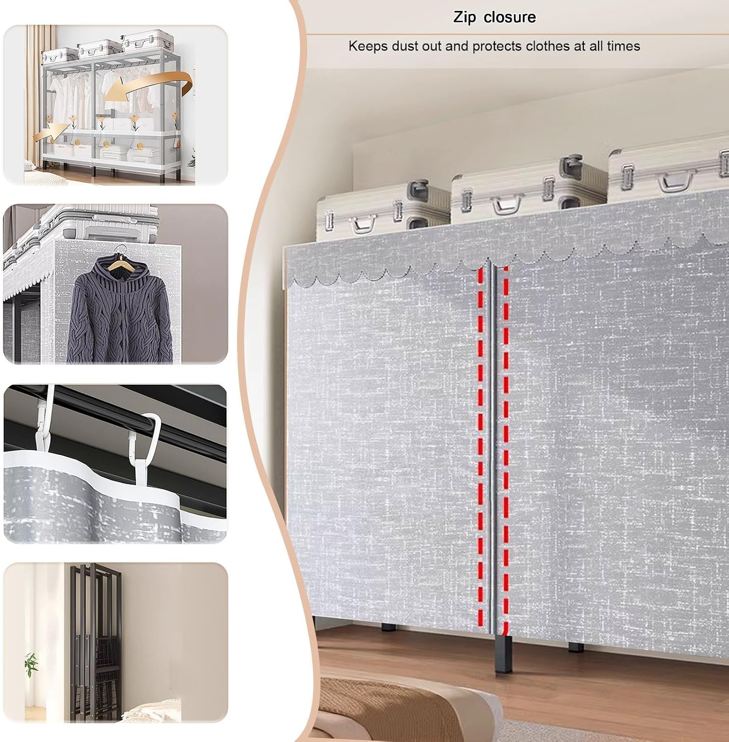 20.5in Width Foldable Heavy Duty Clothes Rack With Cover 2000LBS Rolling Garment Rack On Lockable Wheels Portable Wardrobe Closet For Bedroom For Hanging Clothing Coat Storage Rack(150cm/59.1in)