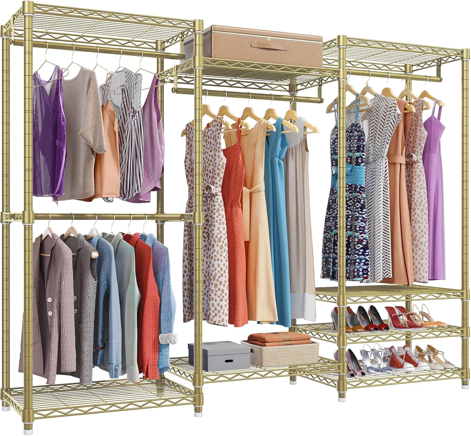 VIPEK V5 Portable Closet Wardrobe Heavy Duty Clothes Rack, Freestanding Metal Clothing Racks Custom Closet Racks with 8 Adjustable Shelves, 68.9' Lx15.7 Wx76.4 H, Max Load 890LBS, Gold
