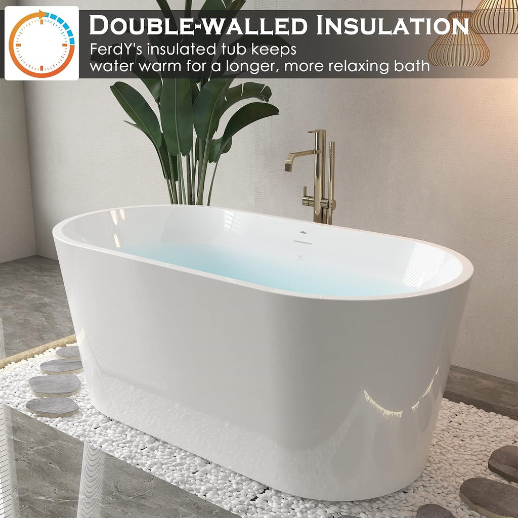 FerdY Luzon 55' Acrylic Freestanding Bathtub, Ergonomic Lightweight Classic Oval Soaking Bathtub with Brushed Nickel Drain & Bath Pillow for Bathtub,Thick Tub Pillows, Breathable 4D Air Mesh