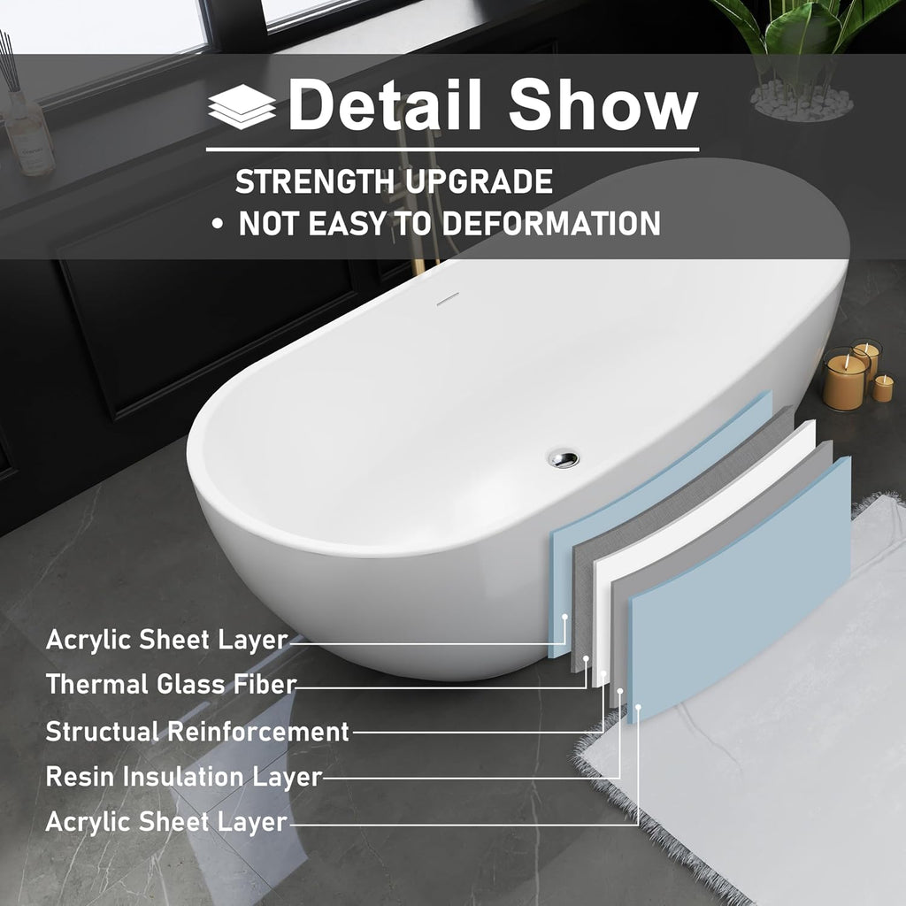 65' Acrylic Freestanding Bathtub, Stand Alone Tub, Soaking Tubs for Bathroom, Free Standing Tub with Integrated Overflow and Drain, cUPC Certified, Gloss White