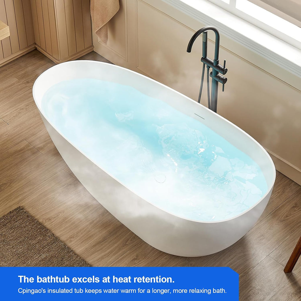 Cpingao 67' Stone Resin Freestanding Bathtub, Egg Shell Solid Surface Soaking Stand Alone Tubs with Pop-up Drain and Overflow, Matte White 8848-1700